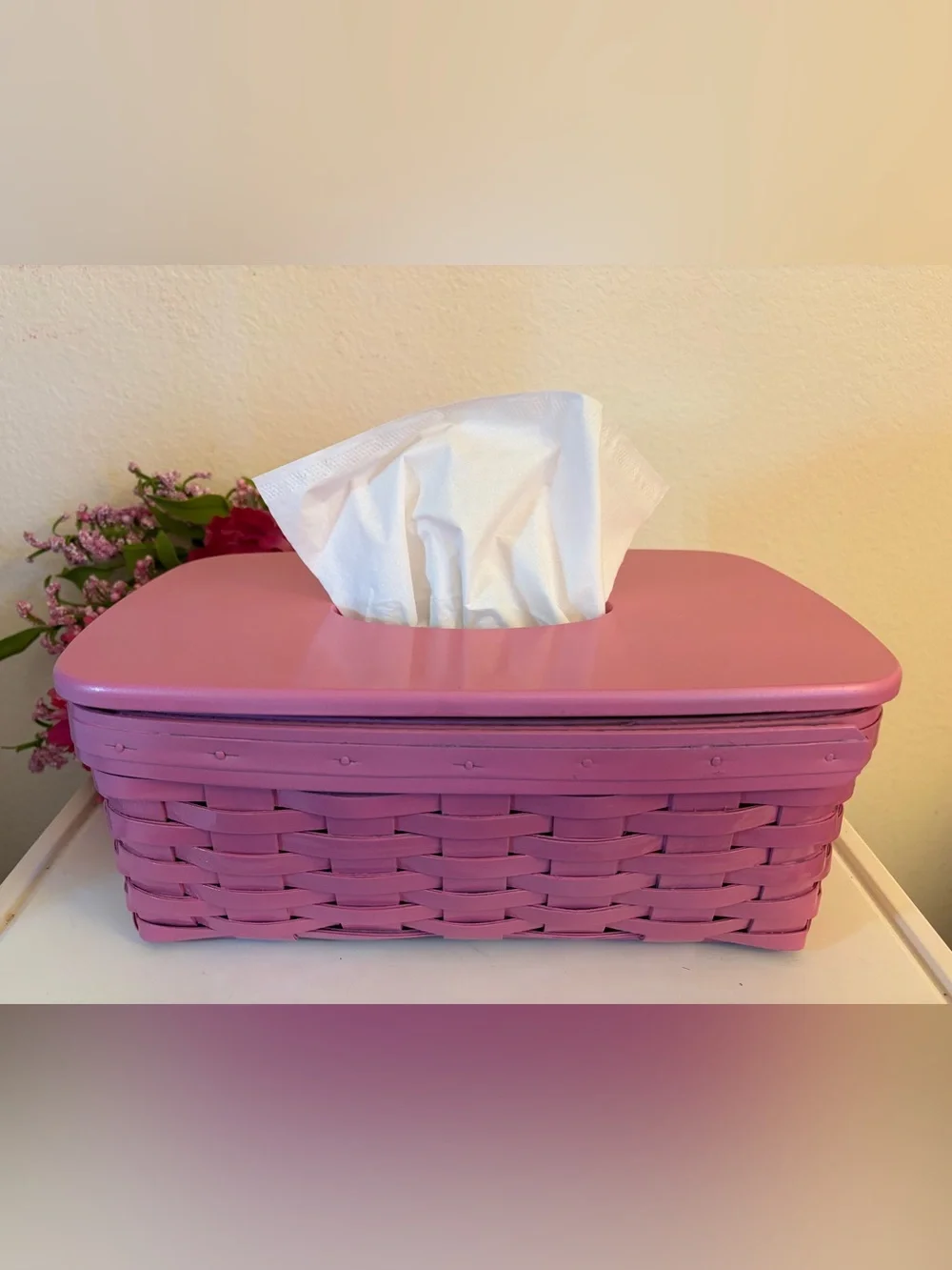 Vintage Longaberger Large Tissue Basket with Wood Lid, Painted Pink Gloss